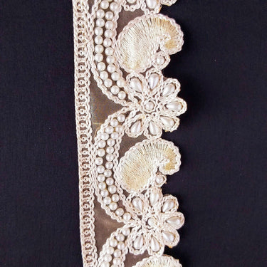 Gold Sheer Fabric Trim Beige Floral Embroidery And Off White Pearl, Scallops Wedding Trim, Bridal Trim